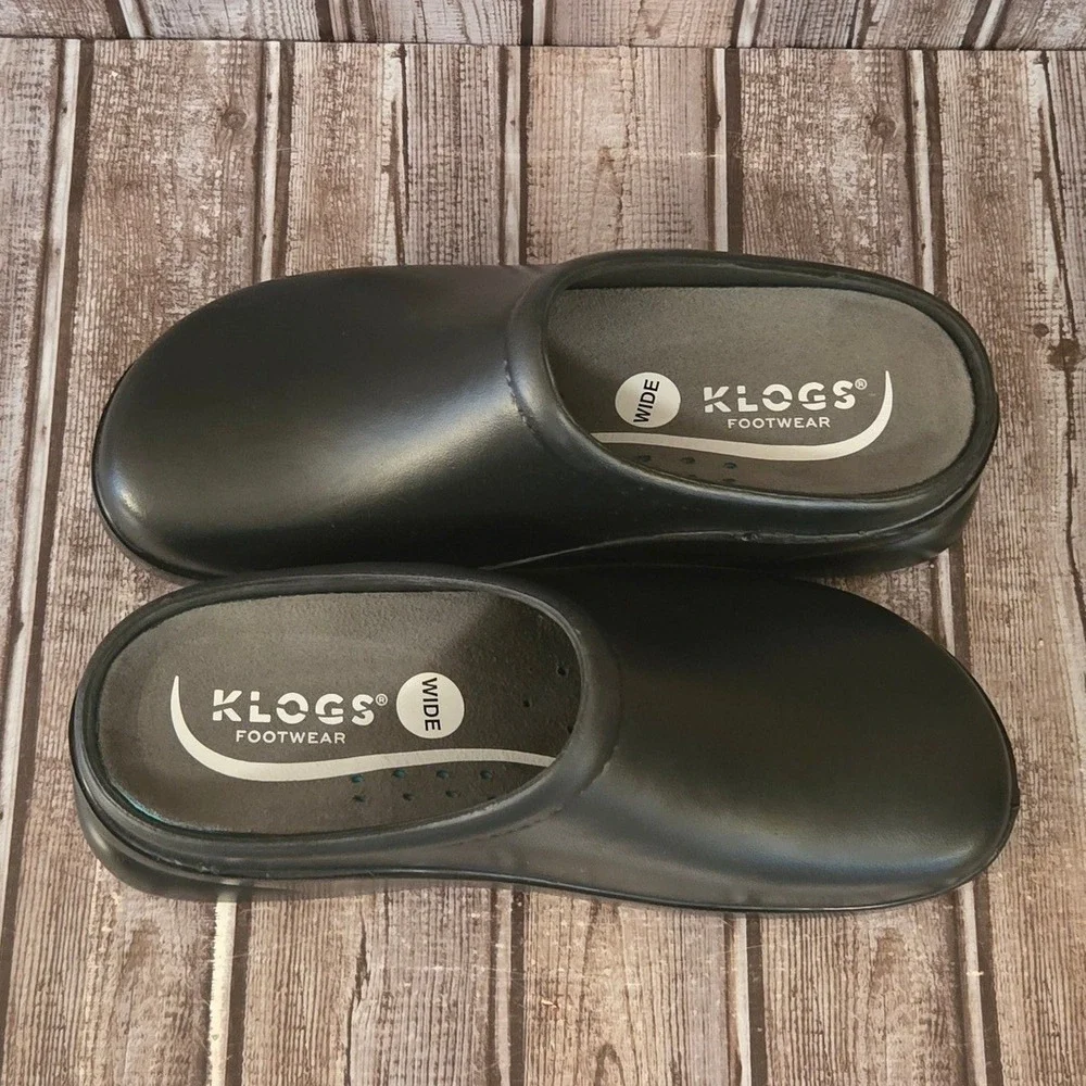 Sz 8 Wide Womens Klogs Dusty Black Leather Slip Resistant Nurse Clogs NWOB_3
